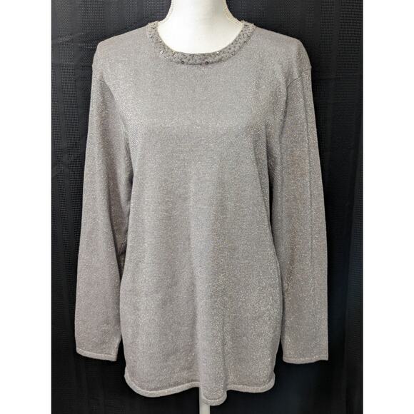 NWOT! PASSPORTS WOMAN! SHIMMERY SILVER GRAY BEADED, SEQUINNED SWEATER! SZ 1X - Picture 2 of 9